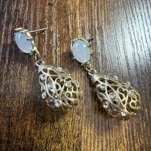 Gold Tone Filigree Rhinestone Faux Oval Pearl Dangle Earrings